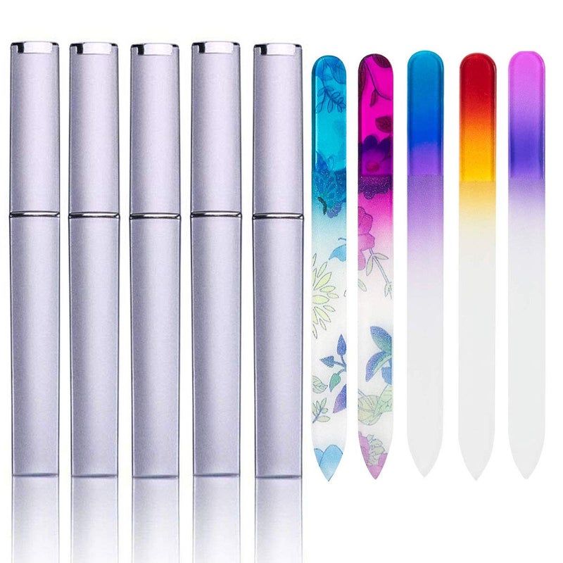 QRWT 5 Pack Glass Nail Files with Case Crystal Glass Fingernail Files Double Sided Glass Nail File Mixed Color Manicure Set for Gentle Nail Care Christmas Gifts Stocking Stuffers for Women - Image 1